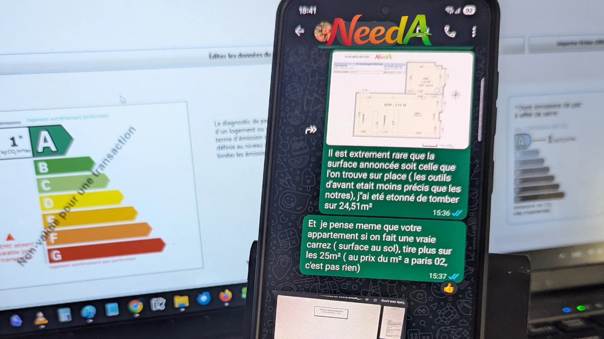 Échange WhatsApp NeedA avec rapport diagnostic et plan Carrez